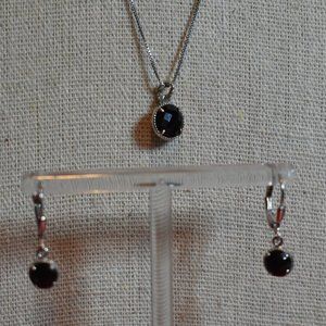 Faceted Onyx Sterling Silver Pendant Necklace and Drop Earrings